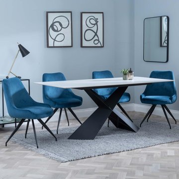 Merlin dining set - 6-8 seater - 180cm - white ceramic - arctic swivel dining chairs - blue velvet fabric