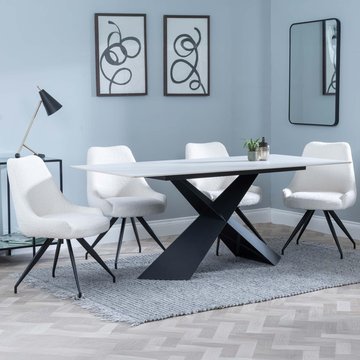 Get 2 chairs free - merlin dining set - 6-8 seater - 180cm - white ceramic - arctic swivel dining chairs - cream velvet fabric