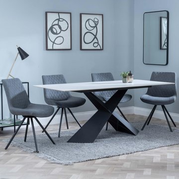 Get 2 chairs free - merlin dining set - 6-8 seater - 180cm - white ceramic - boden swivel dining chairs - grey fabric