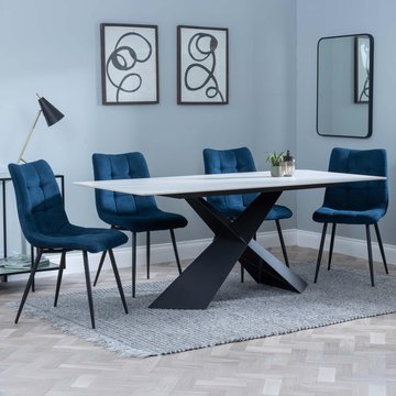 Get 2 chairs free - merlin dining set - 6-8 seater - 180cm - white ceramic - corona dining chairs - blue fabric