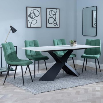 Get 2 chairs free - merlin dining set - 6-8 seater - 180cm - white ceramic - corona dining chairs - green fabric