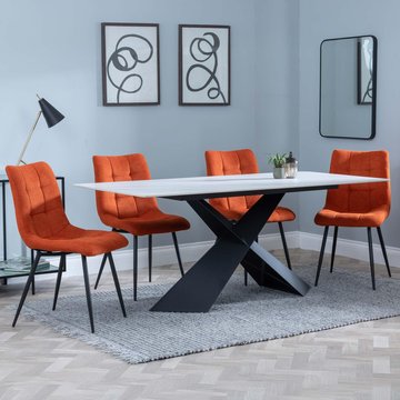 Get 2 chairs free - merlin dining set - 6-8 seater - 180cm - white ceramic - corona dining chairs - orange fabric