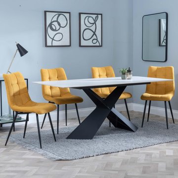 Merlin dining set - 6-8 seater - 180cm - white ceramic - corona dining chairs - yellow fabric