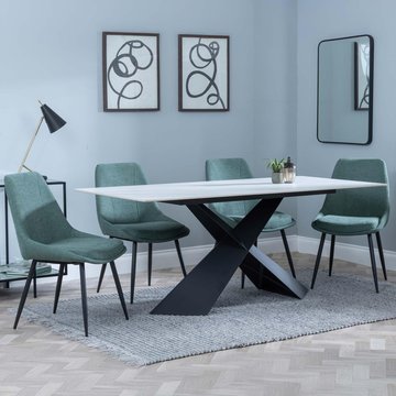 Get 2 chairs free - merlin dining set - 6-8 seater - 180cm - white ceramic - darwin dining chairs - green fabric