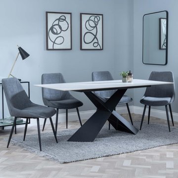 Get 2 chairs free - merlin dining set - 6-8 seater - 180cm - white ceramic - darwin dining chairs - grey fabric