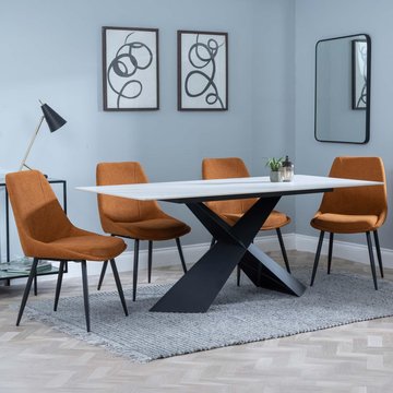 Get 2 chairs free - merlin dining set - 6-8 seater - 180cm - white ceramic - darwin dining chairs - orange fabric