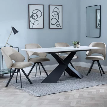 Get 2 chairs free - merlin dining set - 6-8 seater - 180cm - white ceramic - ion swivel dining chairs - beige velvet fabric