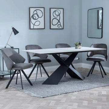 Get 2 chairs free - merlin dining set - 6-8 seater - 180cm - white ceramic - ion swivel dining chairs - dark grey velvet fabric