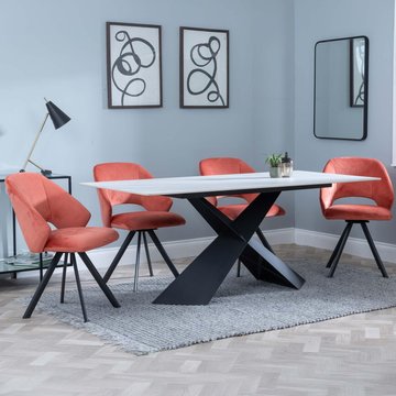 Get 2 chairs free - merlin dining set - 6-8 seater - 180cm - white ceramic - ion swivel dining chairs - orange velvet fabric