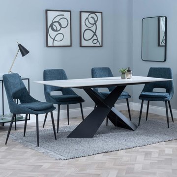 Get 2 chairs free - merlin dining set - 6-8 seater - 180cm - white ceramic - peyton dining chairs - blue fabric