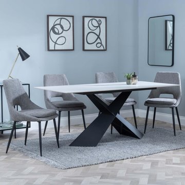 Get 2 chairs free - merlin dining set - 6-8 seater - 180cm - white ceramic - peyton dining chairs - grey fabric