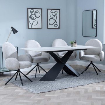 Get 2 chairs free - merlin dining set - 6-8 seater - 180cm - white ceramic - theo swivel dining chairs - grey fabric