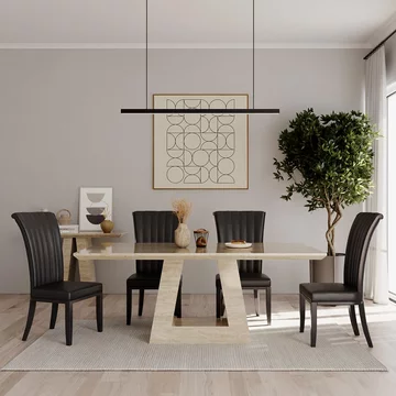 Milan dining set - 6 seater - 160cm - travertine beige marble - cadiz dining chairs - black leather