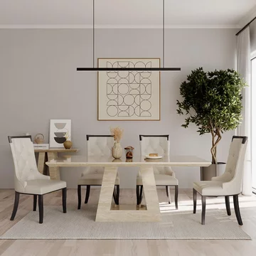 Milan dining set - 6 seater - 160cm - travertine beige marble - carmela dining chairs - cream leather