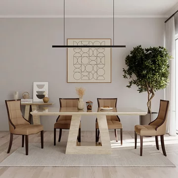 Milan dining set - 6 seater - 160cm - travertine beige marble - paris dining chairs - taupe leather - brown legs
