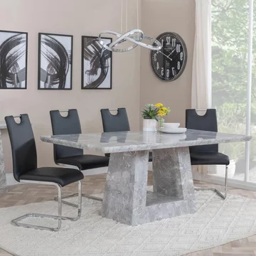 Milan dining set - 6 seater - 160cm - grey marble - bianco dining chairs - black faux leather