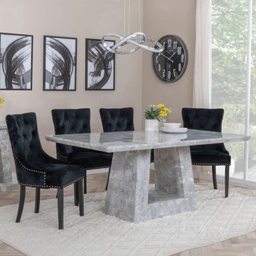Milan dining set - 6 seater - 160cm - grey marble - lion knocker back dining chairs - black velvet fabric - black wooden legs