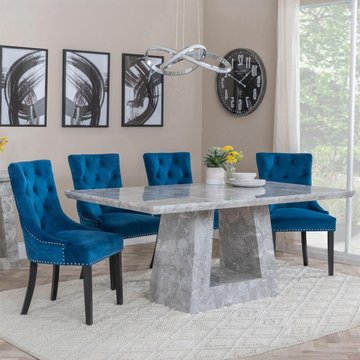 Milan dining set - 6 seater - 160cm - grey marble - lion knocker back dining chairs - blue velvet fabric - black wooden legs