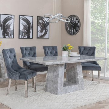 Milan dining set - 6 seater - 160cm - grey marble - lion knocker back dining chairs - grey velvet fabric - chrome legs