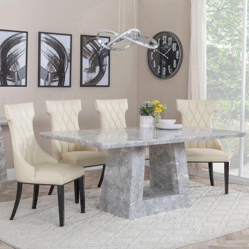 Milan dining set - 6 seater - 160cm - grey marble - mimi dining chairs - cream leather