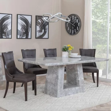 Milan dining set - 6 seater - 160cm - grey marble - paris dining chairs - brown leather - brown legs
