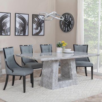 Milan dining set - 6 seater - 160cm - grey marble - paris dining chairs - grey leather - black legs