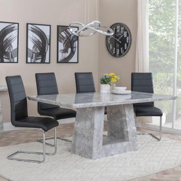 Milan dining set - 6 seater - 160cm - grey marble - roma dining chairs - black faux leather