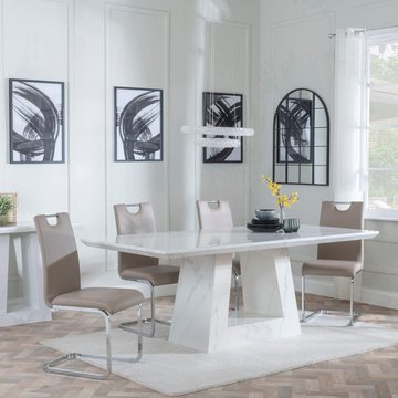 Milan dining set - 6 seater - 160cm - white marble - bianco dining chairs - beige faux leather