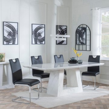 Milan dining set - 6 seater - 160cm - white marble - bianco dining chairs - black faux leather