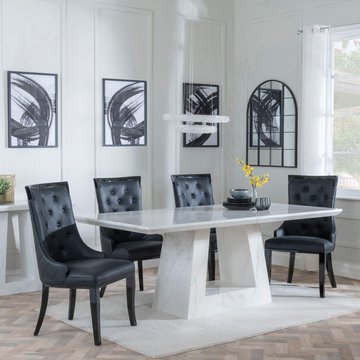 Milan dining set - 6 seater - 160cm - white marble - carmela dining chairs - black leather