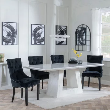 Milan dining set - 6 seater - 160cm - white marble - knocker back dining chairs - black velvet fabric - black wooden legs