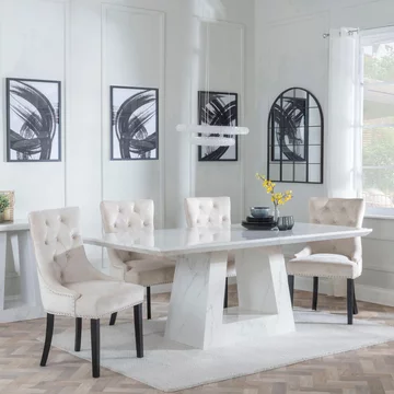Milan dining set - 6 seater - 160cm - white marble - knocker back dining chairs - champagne velvet fabric - black wooden legs