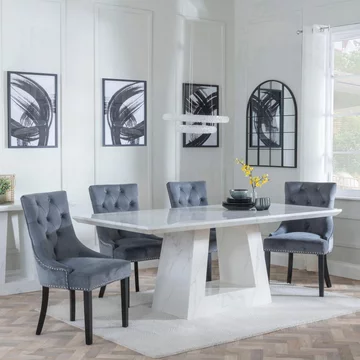 Milan dining set - 6 seater - 160cm - white marble - knocker back dining chairs - grey velvet fabric - black wooden legs
