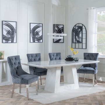 Milan dining set - 6 seater - 160cm - white marble - lion knocker back dining chairs - grey velvet fabric - chrome legs