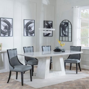 Milan dining set - 6 seater - 160cm - white marble - paris dining chairs - grey leather - black legs