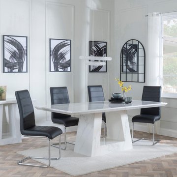 Milan dining set - 6 seater - 160cm - white marble - roma dining chairs - black faux leather