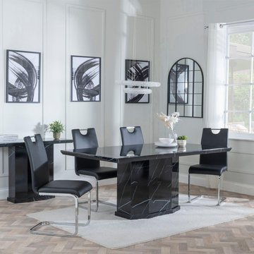 Naples dining set - 6 seater - 160cm - black marble - bianco dining chairs - black faux leather