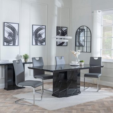 Naples dining set - 6 seater - 160cm - black marble - bianco dining chairs - grey faux leather