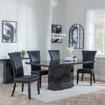 Naples dining set - 6 seater - 160cm - black marble - cadiz dining chairs - black leather