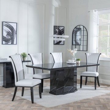 Naples dining set - 6 seater - 160cm - black marble - cadiz dining chairs - white leather