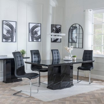 Naples dining set - 6 seater - 160cm - black marble - jamison dining chairs - black faux leather