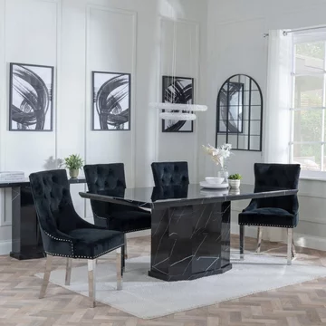 Naples dining set - 6 seater - 160cm - black marble - knocker back dining chairs - black velvet fabric - chrome legs
