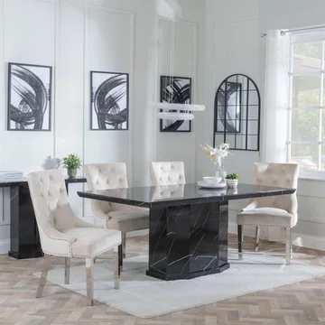Naples dining set - 6 seater - 160cm - black marble - knocker back dining chairs - champagne velvet fabric - chrome legs