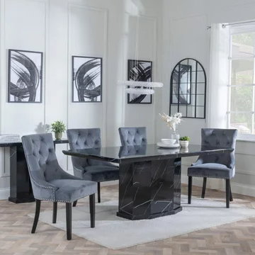 Naples dining set - 6 seater - 160cm - black marble - knocker back dining chairs - grey velvet fabric - black wooden legs