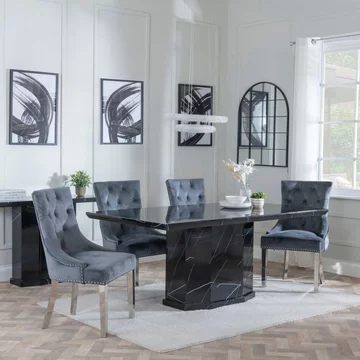 Naples dining set - 6 seater - 160cm - black marble - knocker back dining chairs - grey velvet fabric - chrome legs