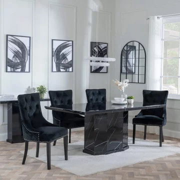 Naples dining set - 6 seater - 160cm - black marble - lion knocker back dining chairs - black velvet fabric - black wooden legs