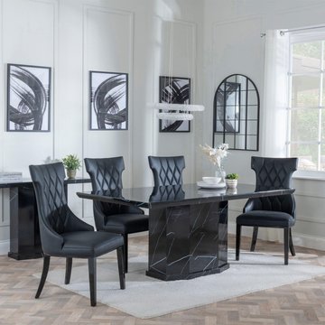 Naples dining set - 6 seater - 160cm - black marble - mimi dining chairs - black leather