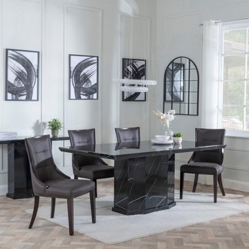 Naples dining set - 6 seater - 160cm - black marble - paris dining chairs - brown leather - brown legs