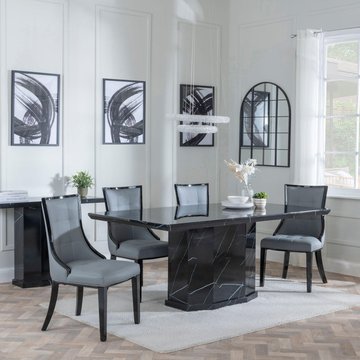 Naples dining set - 6 seater - 160cm - black marble - paris dining chairs - grey leather - black legs