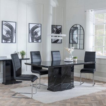 Naples dining set - 6 seater - 160cm - black marble - roma dining chairs - black faux leather